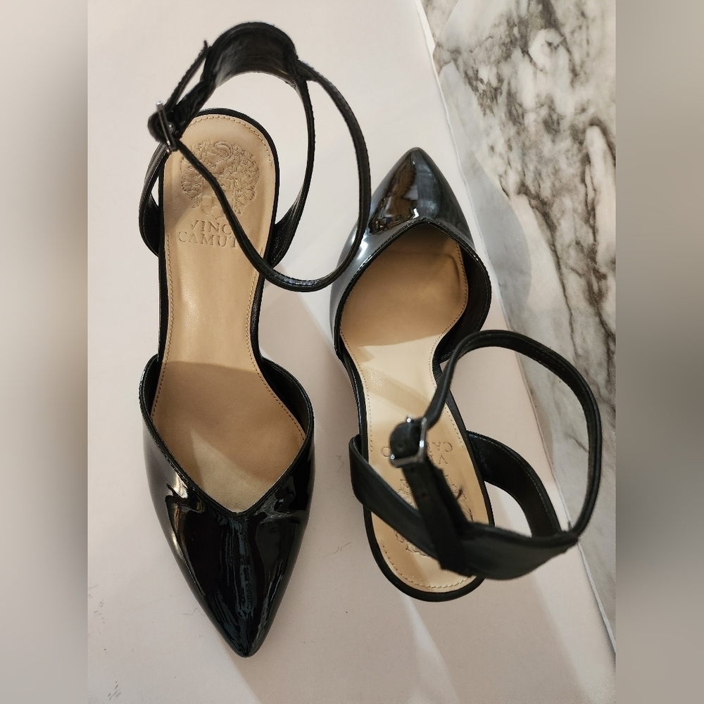 Vince Camuto Black Slingback Heels with Ankle Closure Patent Faux Leather - Picture 10 of 12